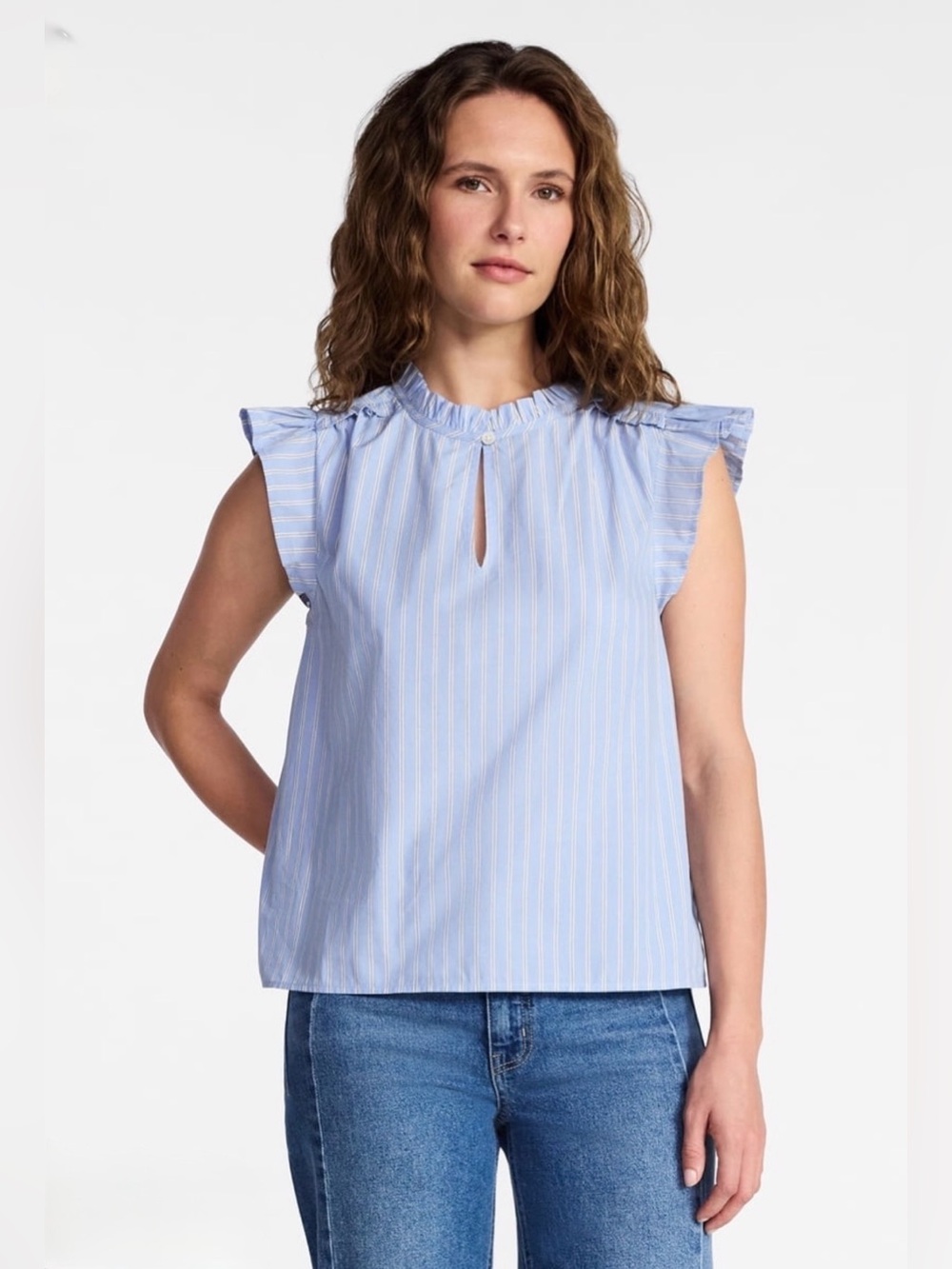 Free Assembly • Light Blue Stripe Ruffle Sleeve Shell Top